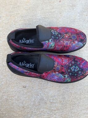 Alegria Slip-On Shoes in Red, Purple and Black Aztec Pattern
